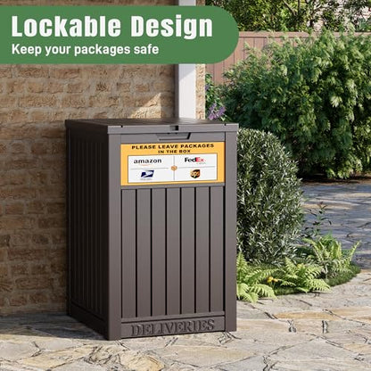 Outdoor Package Delivery Box with Lockable Secure and Sign, Resin Waterproof Outdoor Package Drop Container for Backyard, Garden, Patio & Lawn, Brown with Sign - color: 021 Brown