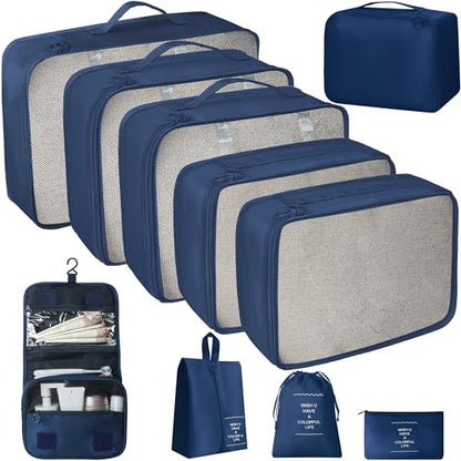 10 Pcs Set Packing Cubes - Travel Packing Organizers, Expandable Suitcase Organizer, Luggage Organizer Bags - color: DARK BLUE