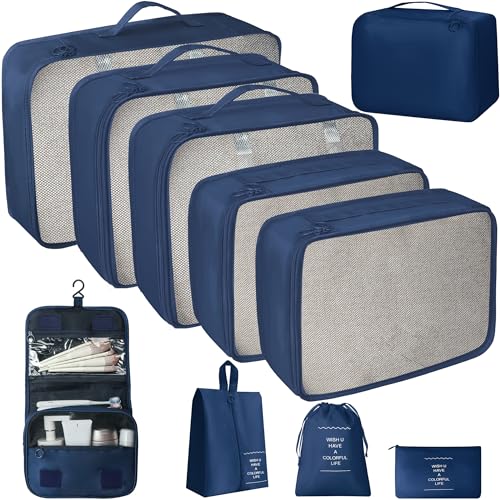 10 Pcs Set Packing Cubes - Travel Packing Organizers, Expandable Suitcase Organizer, Luggage Organizer Bags - color: DARK BLUE