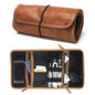 rofozzi Leather Tech Pouch, Passport Holder for Travel, Cables Organizer Roll, Mesh Zippered Pockets for USB Drive, Phone, Battery, SD Card, SIM Card