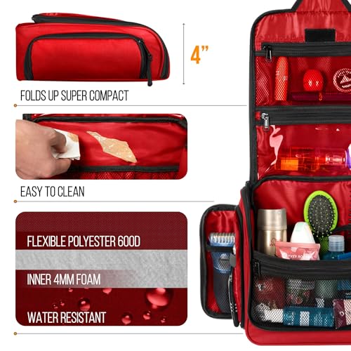 Travel Toiletry Bag for Men and Women - Large Hanging Toiletry Organizer - Waterproof Hygiene Bag with Metal XXL Swivel Hook, with Sturdy Zippers and 19 Compartments for Toiletries, Makeup, Cosmetics - color: L Crimson Red