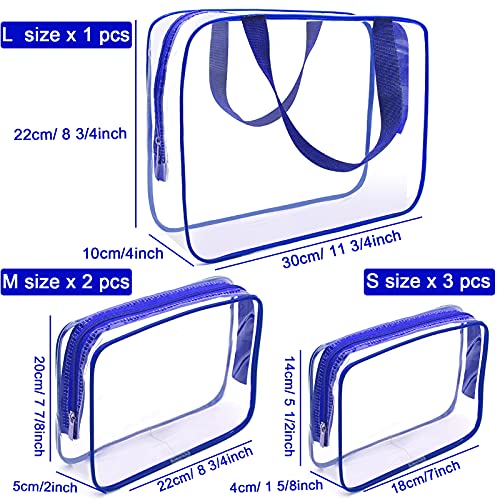 APREUTY Clear Makeup Bags, TSA Approved 6Pcs Cosmetic Makeup Bag Set Clear PVC with Zipper Handle Portable Travel Luggage Pouch Airport Airline Vacation (Blue) - color: Blue-6PCS(Large+Medium+Small)