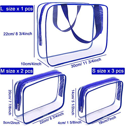 APREUTY Clear Makeup Bags, TSA Approved 6Pcs Cosmetic Makeup Bag Set Clear PVC with Zipper Handle Portable Travel Luggage Pouch Airport Airline Vacation (Blue) - color: Blue-6PCS(Large+Medium+Small)