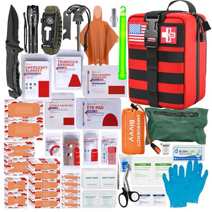 First Aid Kit,Survival Gear Outdoor Tactical Gear Set Military Grade Molle System for Camper Travel Hunting Hiking and Adventures（RED） - color: Red