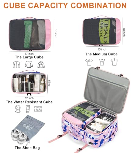 Lumesner Carry on Travel Backpacks, Extra Large 40L Flight Approved for Men & Women,Expandable Suitcase backpack (Camouflage Pink(Backpack With 4 Packing Cubes)) - color: Camouflage Pink