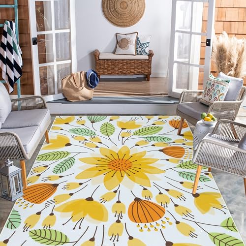 Lahome Floral Indoor Outdoor Rug, 6x9ft Non Slip Outdoor Patio Rug for Backyard Picnic, Soft Large Outdoor Camping Rugs for Balcony Deck, Washable RV Outdoor Rugs for Living Room Bedroom,Yellow - color: Yellow, size: 6'x 9'
