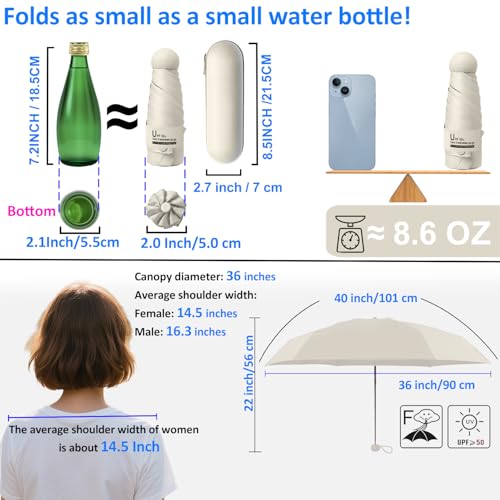 BAODINI Travel Essentials Mini Umbrella for Purse With Case Small Compact UV Sun Protection Lightweight Tiny Pocket Manual Open Close Umbrella for Women Kids and Men Fits Purse Backpack - color: G-1-Beige