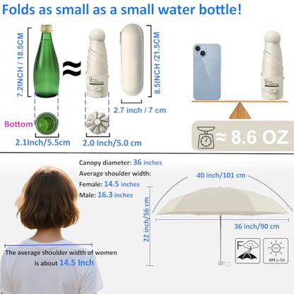 BAODINI Travel Essentials Mini Umbrella for Purse With Case Small Compact UV Sun Protection Lightweight Tiny Pocket Manual Open Close Umbrella for Women Kids and Men Fits Purse Backpack - color: G-1-Beige