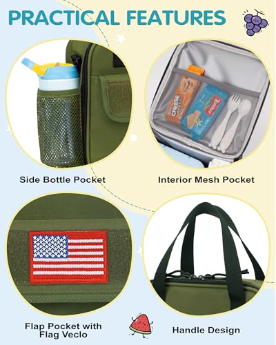 Tactical-style Lunch Bag 5L Kids Lunch Bag with Adjustable Shoulder Strap Easy to Clean Leakproof Wipeable liner Toddler Lunch Box Bag for Boys Girls School and Daycare - color: Green