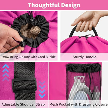 150L Laundry Bag Backpack with 3 Sizes Mesh Wash Bags and Shoulder Straps Foldable Clothes Hamper Bag with Drawstring Closure for College, Apartment, Laundromat(Pink) - color: Hot Pink