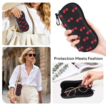 Sunglasses Case with Belt Clip, Ultra Light Neoprene Zipper Soft Padded Glasses Case for Women Men - color: Cherry Skull