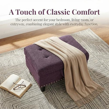 28.5 Inch Storage Ottoman Bench, Upholstered Ottoman with Hidden Storagefor Bedroom Living Room, End of Bed Foot Rest Stool, Purple - color: Purple