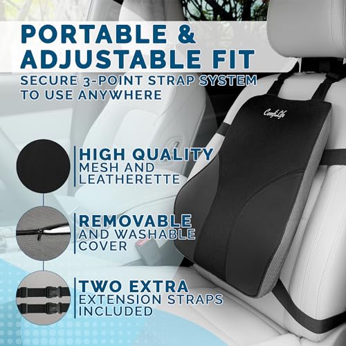 ComfiLife Lumbar Support Pillow for Office Chair – Premium Memory Foam Lumbar Pillow – Back Support for Office Chair, Car – Back Pain Relief, Improves Posture – 3 Adjustable Straps, Mesh + Leatherette