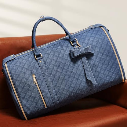 Garment Bags for Travel, Convertible Suit Travel Bag for Women, Stylish Carry On Garment Bag with Toiletry Pocket, Shoulder Strap & Shoes Compartment, 2 in 1 Foldable PU Leather Duffle Bag, Navy Blue - color: Navy Blue