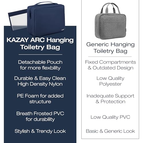 KAZAY Hanging Toiletry Bag with TSA Approved Detachable Pouch, Compact Travel Size Bag, Travel Toiletry Bag, Water Resistant, Premium Nylon, Travel Size Toiletries, Cosmetic Bag, Makeup Bag (Navy) - color: Navy