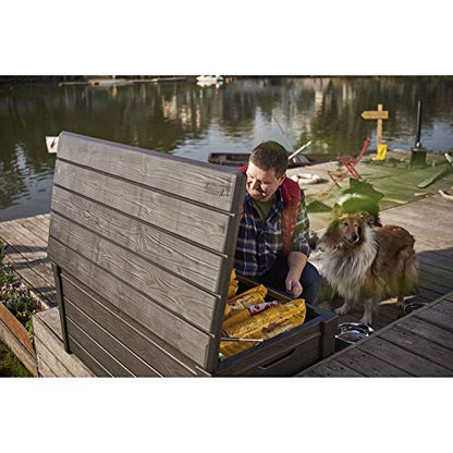 Keter Outdoor Storage Deck Box, for Patio, Backyard & Garden, Brightwood, 120 Gal, Brown - Lockable, Organizing, and Waterproof Plastic Container Bench
