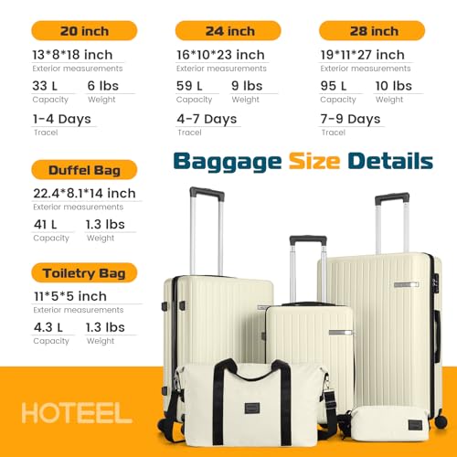 Hoteel Luggage Sets 5 Piece (4-YEARS WARRANTY), ABS+PC Suitcases with Wheels and Side Hook, Hardshell 20/24/28 inch Luggage with Duffel Bag Travel Bag, Beige - color: Beige, size: 5 Piece Set (20/24/28/DB/TB)