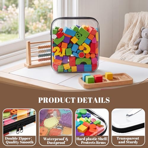 12 Pack Clear Hard Shell Zipper Case with 40 Labels, X-Large/Medium/Small Stackable Clear Pouches, Crush-resistant Travel Toiletry Bag Organizer for Makeup Board Games Electronics (Black)