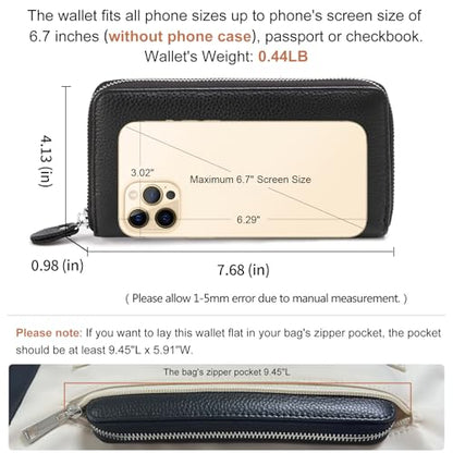 Moflycom Womens Wallet RFID Blocking Genuine Leather Zip Around Wallet Clutch Wristlet Travel Long Purse for Women - color: Black