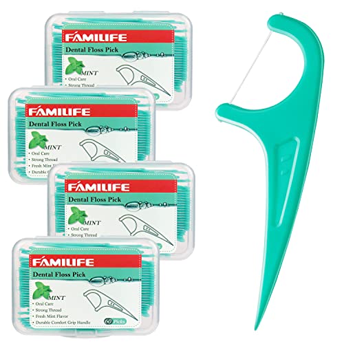 FAMILIFE Floss Picks, 240 Count Mint Dental Floss Cleaner, Tooth Picks Flossers with 4 Travel Handy Cases, Helps to Fight Tooth Decay and Keep Your Teeth Clean, Flossing Sticks for Family - color: Mint 240 Pcs