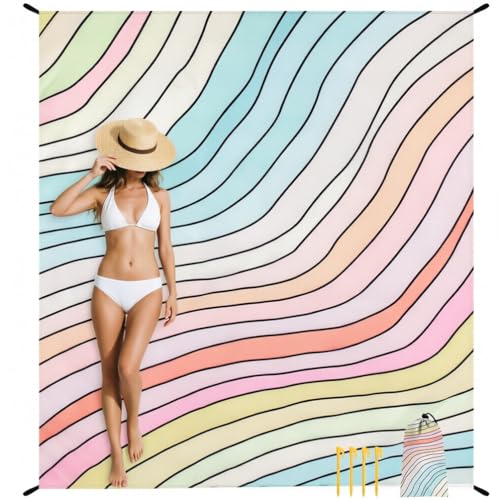 Beach Blanket Sandproof Waterproof, Large Beach Mat for 2-4 Adults with Stakes, Sand Free Compact Lightweight Picnic Blankets, Beach Essentials Necessities Accessories Must Haves-Colorful Rainbow Wave - color: Rainbow Wave, size: 6.5x7.2 FT (1～4 person)