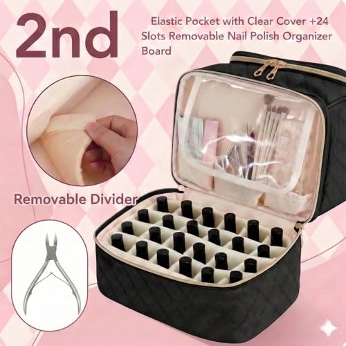 BAGCRAZY Nail Polish Organizer Case, Double Layer Nail Supplies Storage Bag holds 24 Bottles & UV/LED Lamp, Quilted Portable Manicure Travel Case with 8 Pcs Tools, for Nail Tech, Home & Salon, Black - color: Black