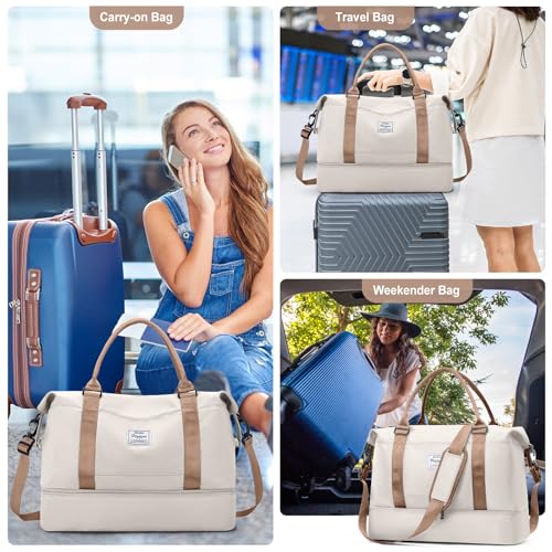 Travel Duffel Bag with Shoes Compartment, Overnight Weekender Bags for Women,Carry on Personal Item Bag - color: A-Beige & Brown, size: Large