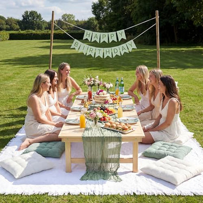 Extra Large Outdoor Picnic Blanket with Table Runner and Floor Pillow Cushion for Picnic Wedding Birthday Baby Shower Backyard(91 x 71'',Sage Green,White,6-Person) - color: Sage Green,white