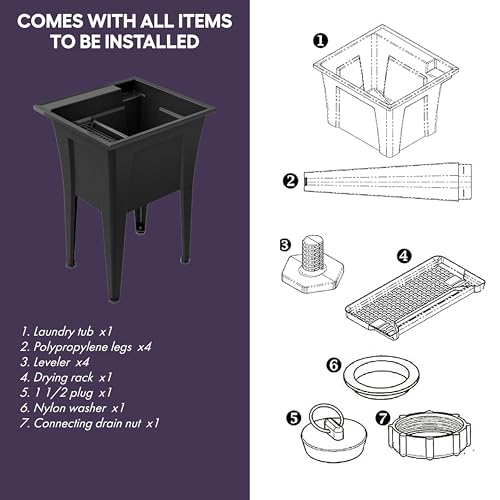 24” Utility Sinks for Laundry Room, Garage, Garden, Basement – Noah William Home Indoor and Outdoor Polypropylene Basement Wash Tub - No Faucet Included (Black) - color: Black, size: 24" - 19.5 gal