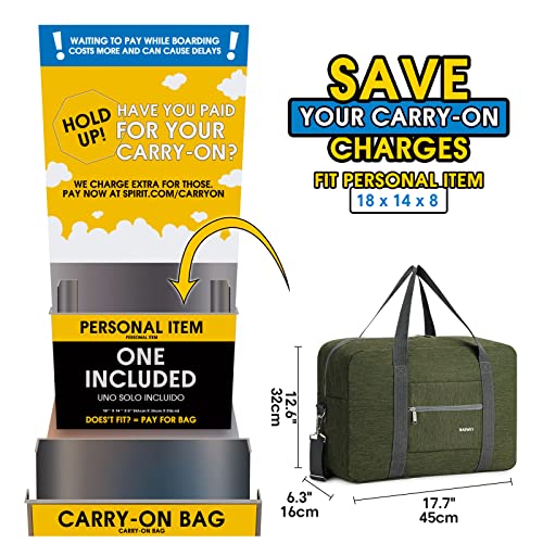 For Spirit Airlines Personal Item Bag Foldable Travel Duffel Bag Tote Carry on Luggage Duffle Overnight for Women and Men - color: 3112-Thick Series Army Green (with Shoulder Strap)