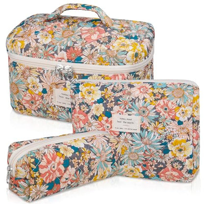 Gosect Makeup Bag Set, Quilted Makeup Bag, Large Floral Cosmetic Bag for Women, Cute Cotton Makeup Bags, Flower Travel Toiletry Organizer Bag (South Twigs Flower) - color: South Twigs Flower