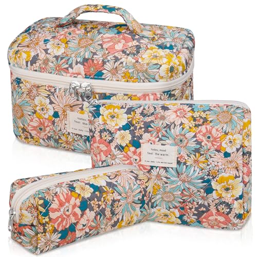 Gosect Makeup Bag Set, Quilted Makeup Bag, Large Floral Cosmetic Bag for Women, Cute Cotton Makeup Bags, Flower Travel Toiletry Organizer Bag (South Twigs Flower) - color: South Twigs Flower