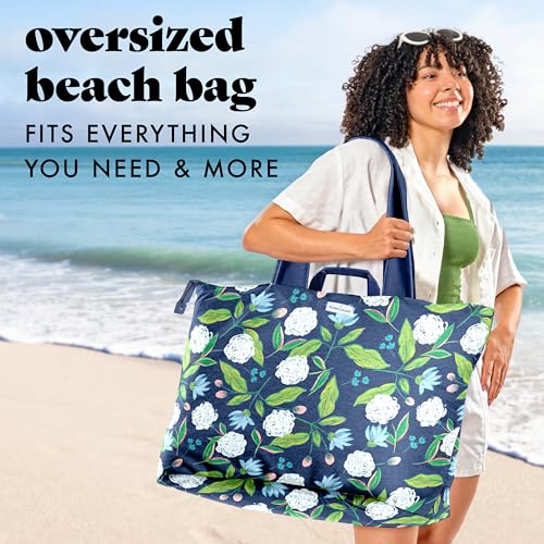 Fit & Fresh XL Beach Tote Bag for Women – XL Travel Tote with Zipper & Pockets, Oversized Canvas Pool Bag, Weekender Carry-On - color: Navy Hydrangeas
