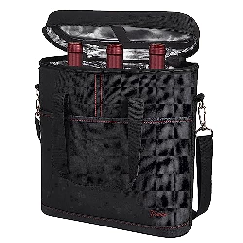 Tirrinia Insulated Wine Gift carrier - 3 Bottle Travel Padded Wine Carry Cooler Tote Bag with Handle and Adjustable Shoulder Strap, Black - color: Black
