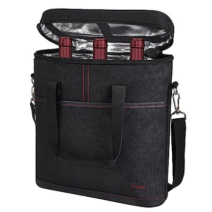 Tirrinia Insulated Wine Gift carrier - 3 Bottle Travel Padded Wine Carry Cooler Tote Bag with Handle and Adjustable Shoulder Strap, Black - color: Black