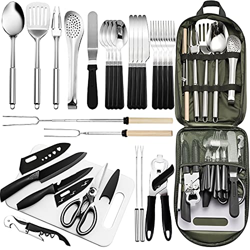 Portable Camping Kitchen Utensil Set-27 Piece Cookware Kit, Stainless Steel Outdoor Cooking and Grilling Utensil Organizer Travel Set Perfect for Travel, Picnics, RVs, Camping, BBQs, Parties and More - color: green