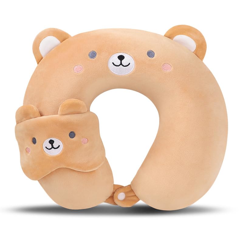 Kids Neck Pillow for Travel with Sleep Eye Mask, Cute Travel Neck Pillow, Memory Foam Flight Sleeping Headrest Pillow for Boys & Girls, Airplane, Train, Car, Home Use - Brown Bear - color: Brown Bear