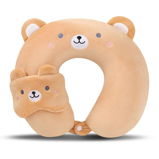 Kids Neck Pillow for Travel with Sleep Eye Mask, Cute Travel Neck Pillow, Memory Foam Flight Sleeping Headrest Pillow for Boys & Girls, Airplane, Train, Car, Home Use - Brown Bear - color: Brown Bear