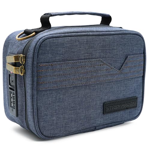 Storage Case with TSA Combination Portable Lock Bag, Carbon Lined Medicine Lockable Box, Travel Pack & Home Secured odor-resistant Organizer Divider Jars Accessories, Removable Tray (Blue) - color: Denim Blue