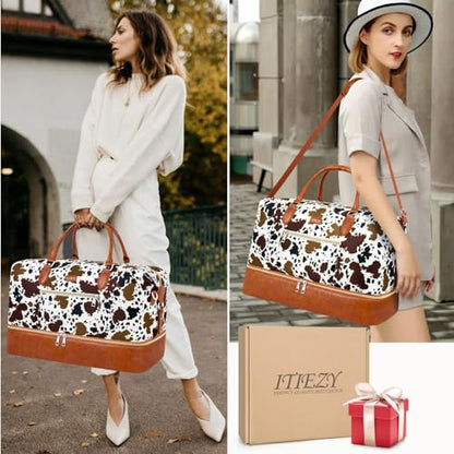 ITIEZY Weekender Overnight Bag for Women - Large Travel Duffel Bag with Shoe Compartment, Gym Duffel Bag Hospital Bag Carry On Tote Bags for Airplanes with Crossbody Bag Toiletry Bag 3Pcs Set - color: 5-Brown Cow