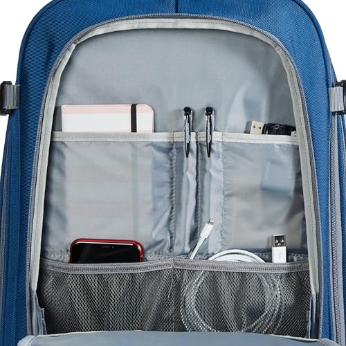 Amazon Basics Travel Backpack, Carry-On with Laptop Compartment, 1.55 cubic Expandable Storage, Dual Use Backpack & Shoulder Bag with Multiple Compartments and Pockets, 13.8'' x 9.5'' x 21.5'', Navy - color: Navy