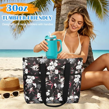 HUANLANG Large Beach Bags for Women Pool Bag with Zipper, Waterproof Sandproof Beach Tote Travel Bag with Wet Pocket - color: Black Floral