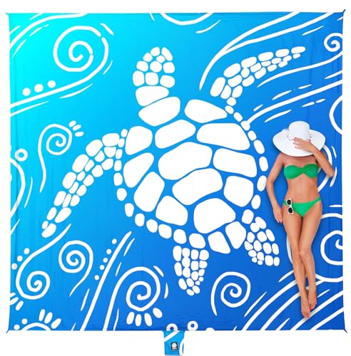 WEKAPO Beach Blanket Waterproof Sandproof Oversized Extra Large Sand Free Beach Mat with Stakes, Storage Bag - Essentials for Outdoor Beach, Picnic (Gradient Blue Sea Turtle, 8 X 7 FT (1~4 Person)) - color: Gradient Blue Sea Turtle, size: 8 X 7 FT (1~4 Pe