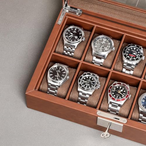 ROTHWELL 10 Slot Leather Watch Box - Luxury Case Display Jewelry Organizer - Locking Watch Display Case Holder with Large Glass Top - Box Organizer for Men and Women (Tan/Brown) - color: Tan / Brown
