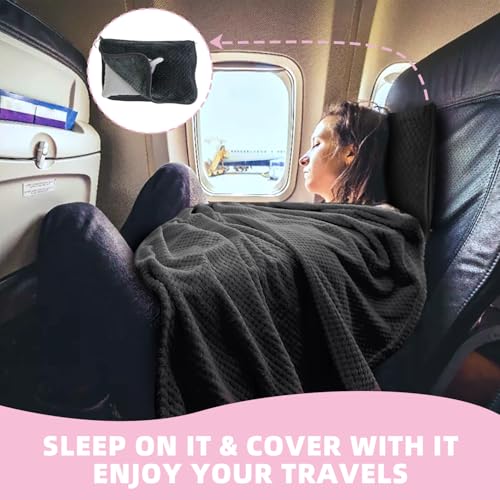 3 in 1 Travel Blanket Pillow Set - 350 GSM Thick Travel Blanket Airplane Compact with Bag, Soft Bag with a Pocket, Inflatable Travel Pillow for Camping & Car Trip (Dark Grey) - color: Dark Grey