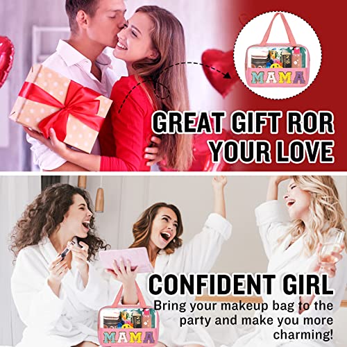 Chenille Letter Clear Makeup Bags Mama Tote, Preppy Patch Makeup Bag Zipper with Handle, Waterproof PVC & Nylon Portable Glitter Large Cosmetic Travel Toiletry Storage Bag for Women Girls(MAMA-Pink) - color: MAMA-Pink