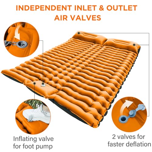 Yuzonc Double Sleeping Pad for Camping, 4" Extra Thick Self-Inflating Air Mattress - 2 Person Inflatable Camping Mat with Built-in Foot Pump & Pillow, Backpacking Hiking Tent Travel-Orange - color: Orange-1