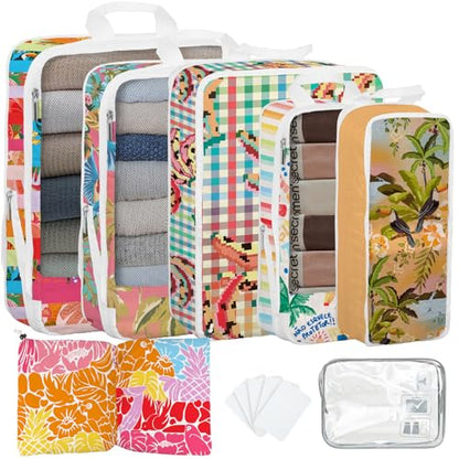 7 Pcs Compression Packing Cubes for Travel, Waterproof Suitcase Luggage Backpack Organizer with Toiletry Bag Travel Essentials for Women/Men-Tropical Pattern - color: Multi-Tropic