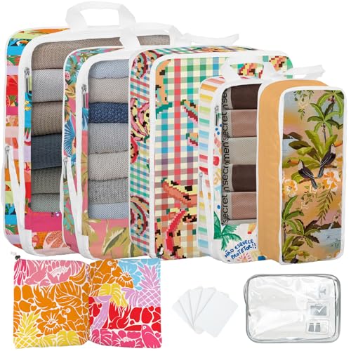 7 Pcs Compression Packing Cubes for Travel, Waterproof Suitcase Luggage Backpack Organizer with Toiletry Bag Travel Essentials for Women/Men-Tropical Pattern - color: Multi-Tropic