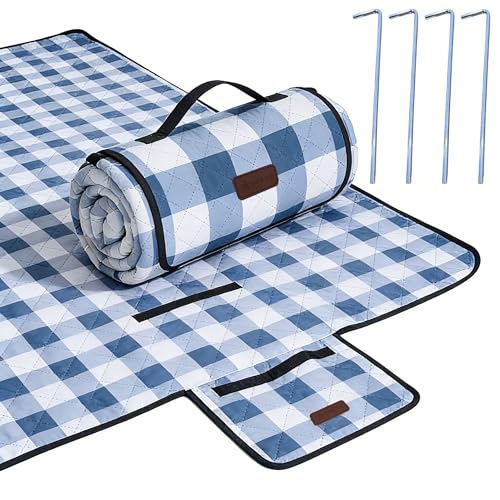HX&OD Outdoor Picnic Blanket, Extra Large, 80''x60'' Waterproof Foldable Blankets Gingham Picnic Mat for Beach, Camping Grass Lawn Park Accessories Cute Couple Ideas Wedding (Blue, 80”x60”) - color: Blue, size: 5' x 6'8" (Square)